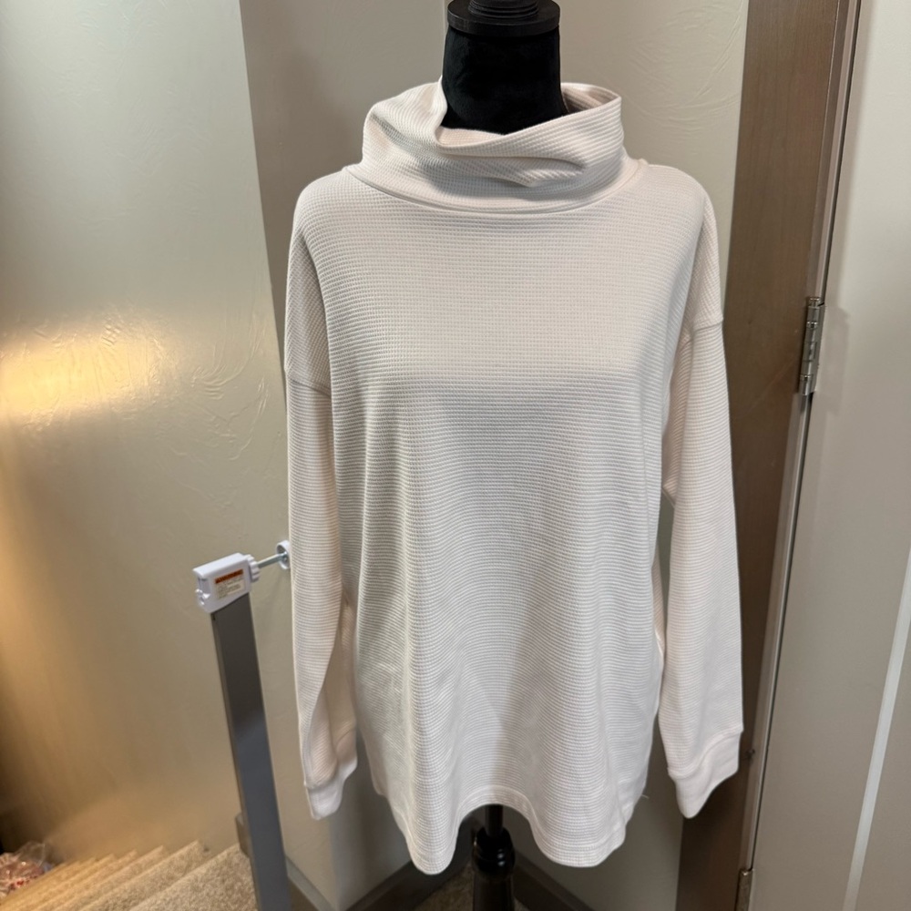 Lands' End Waffle Print Cowl Funnel Neck Sweater Top Lightweight Tunic White L‎